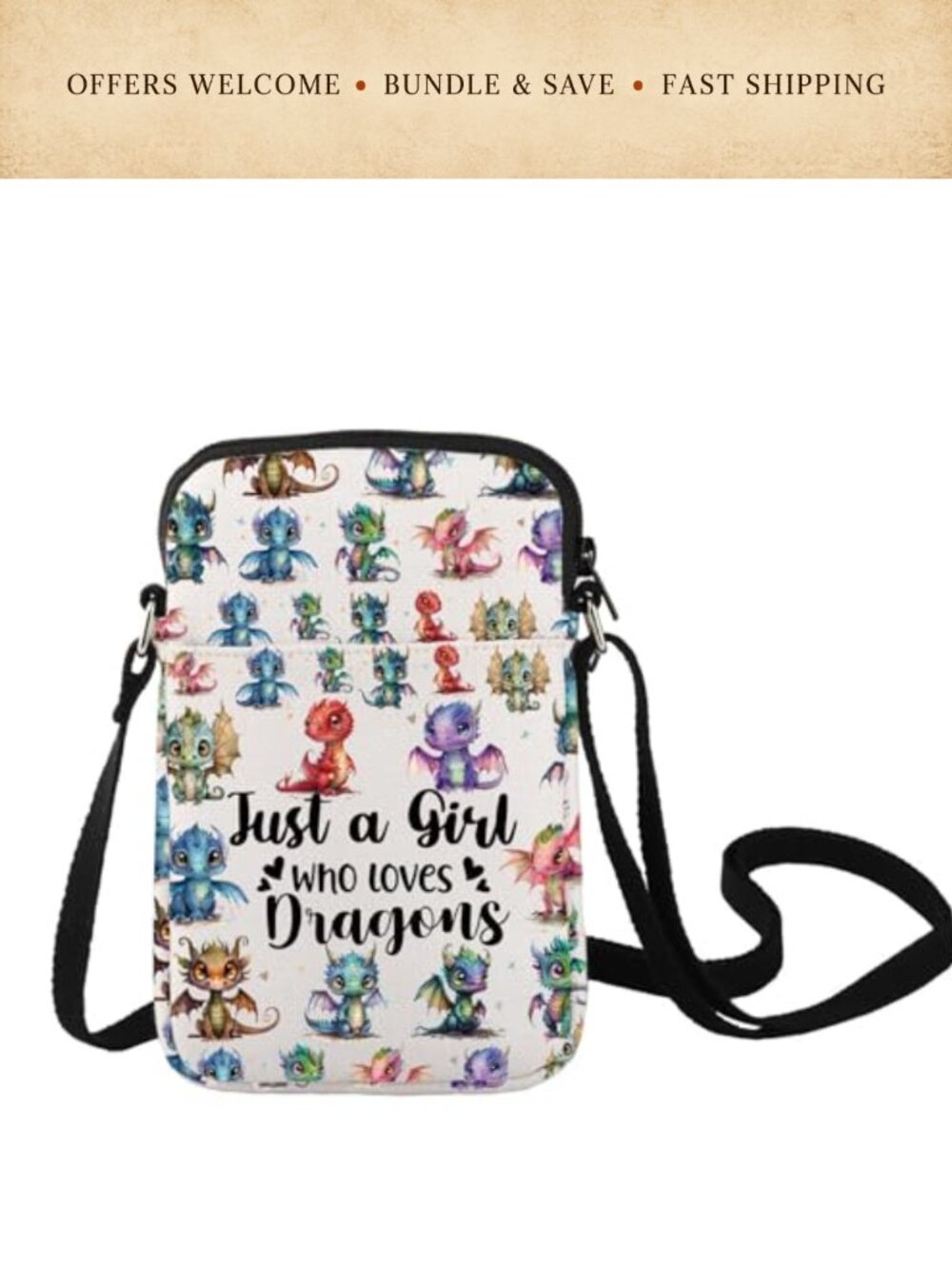 Canvas Crossbody Bag Dragon Print Adjustable Strap